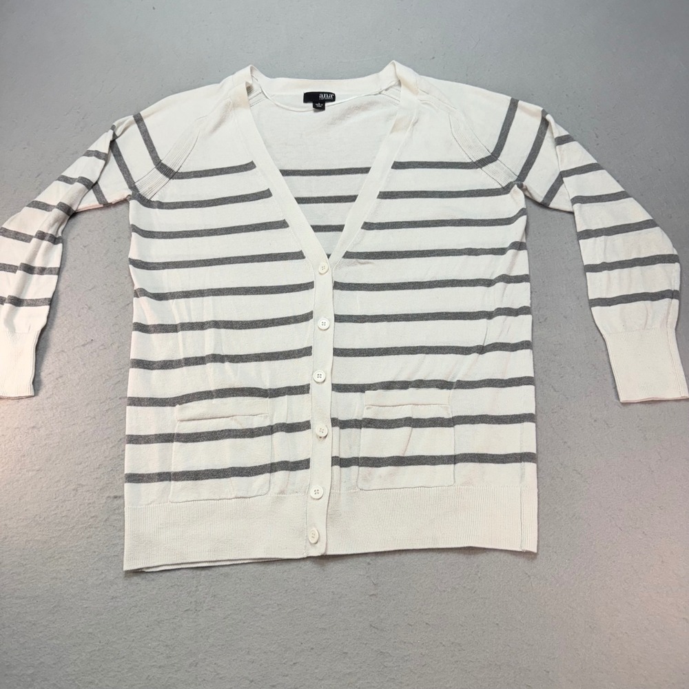 a.n.a Women's Cardigan Sweater Size L White Gray Striped Long Sleeve Pockets